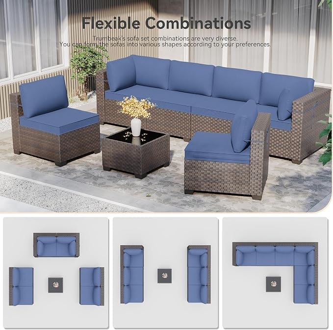 Patio Furniture Set 10 Pieces Wide PE Rattan Sofa Set Outdoor Sectional Furniture,Patio Swivel Chair Sofa Set Patio Conversation Set w/Cushions and Glass Coffee Table,NavyBlue