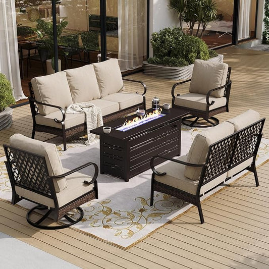 SUNSHINE VALLEY 5 Piece Metal Outdoor Patio Furniture Sets with Firepit Table, Patio Conversation Sets 1 3-Seater Sofa, 1 2-Seater Loveseat, 2 Swivel Sofa with 5.75" Cushion for Backyard Deck, Beige