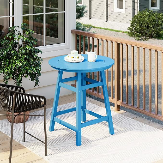 Costaelm Patio Bistro Table, 37" Counter Height Round Patio Cocktail Bar Table with Umbrella Hole, Outdoor Bistro Dining Pub Table for Front Porch Deck Backyard Garden, Pacific Blue