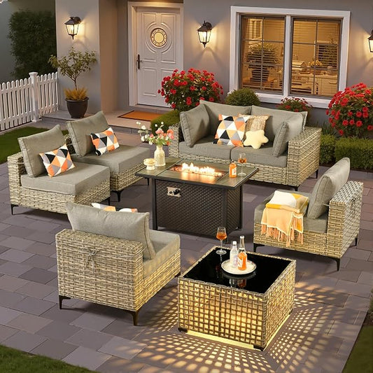 8 Pieces Patio Sectional Furniture Set, Outdoor Wicker Sectional Couch with Firepit Solar Lights Table, Modern Conversation Set for Porch Balcony Backyard, Dark Gray