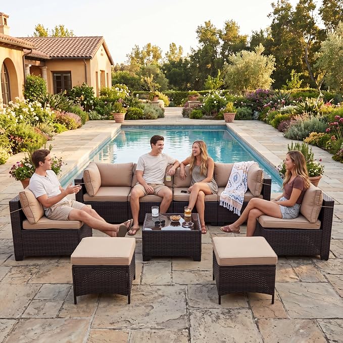 LEVELEVE 9 Pieces Outdoor Patio Furniture Sets,Rattan Conversation Sectional Set,Manual Weaving Wicker Patio Sofa,w/Table&Ottoman
