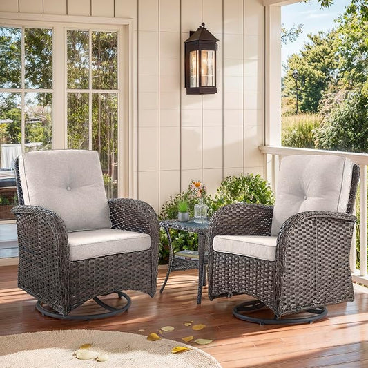 Outdoor Swivel Glider Rocker Chairs - 3 Piece Patio Furniture Set, Patio Bistro Sets with Tempered Glass Side Table, for Balcony, Porch - Brown Wicker, Beige Cushion