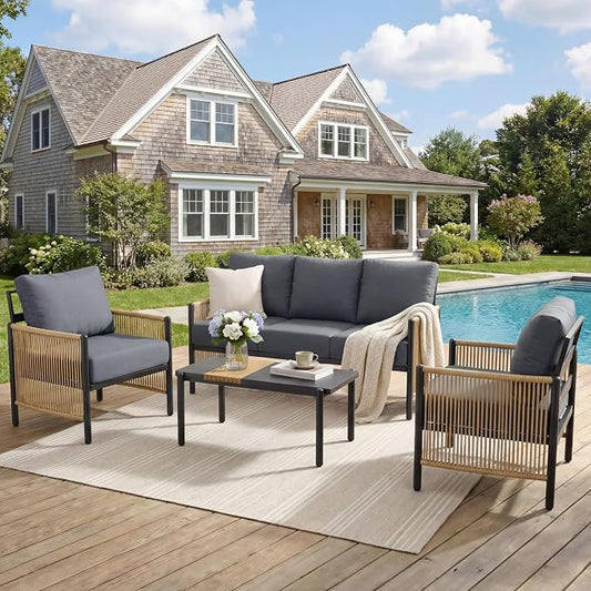 Aluminum Patio Furniture Set, 5 Seats Outdoor Patio Furniture with Coffee Table, Outdoor Wicker Conversation Sets with Cushion for Backyard, Balcony,Porch,Dark Grey