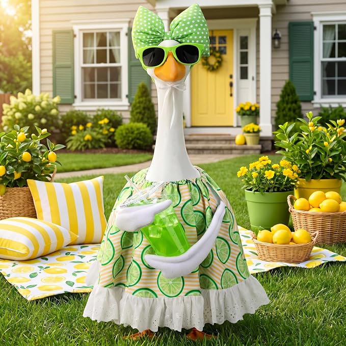 Abbylike Summer Lime Porch Goose Outfit Lemons Clothes Costume for 23'' Goose Dress with Green Bow Frame Glasses for Summer Garden Porch Statue Yard Pathway Decorations