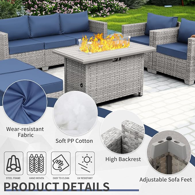 WAROOM Patio Furniture Set 6 Piece PE Rattan Outdoor Conversation Sets Grey Wicker Couch Sectional Sofa with Fire Pit Table and Navy Blue Cushion