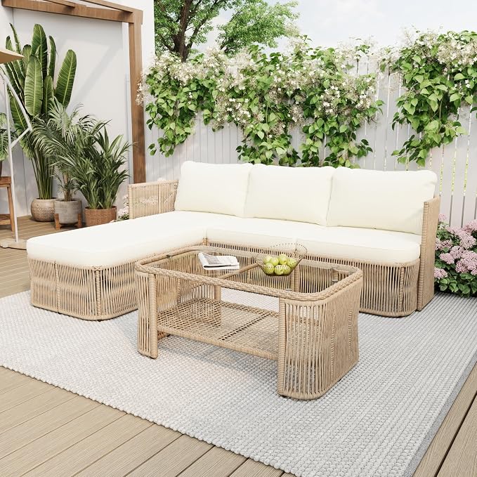 Merax 4-Piece Patio Furniture Set, L-Shaped Outdoor Wicker Modular Sectional Sofa with Thick Cushions and Glass Top Coffee Table, Rattan Patio Conversation Set for Backyard, Garden and Poolside, Beige