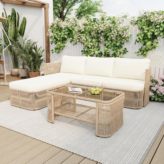 Merax 4-Piece Patio Furniture Set, L-Shaped Outdoor Wicker Modular Sectional Sofa with Thick Cushions and Glass Top Coffee Table, Rattan Patio Conversation Set for Backyard, Garden and Poolside, Beige