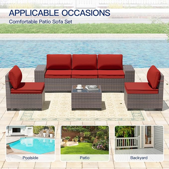 6 Pieces Patio Furniture Sets with Glass Tea Table,PE Rattan Wicker Patio Conversation Set with Washable Cushions,Outdoor Patio Sectional Furniture Set for Backyard, Poolside, Garden,Red