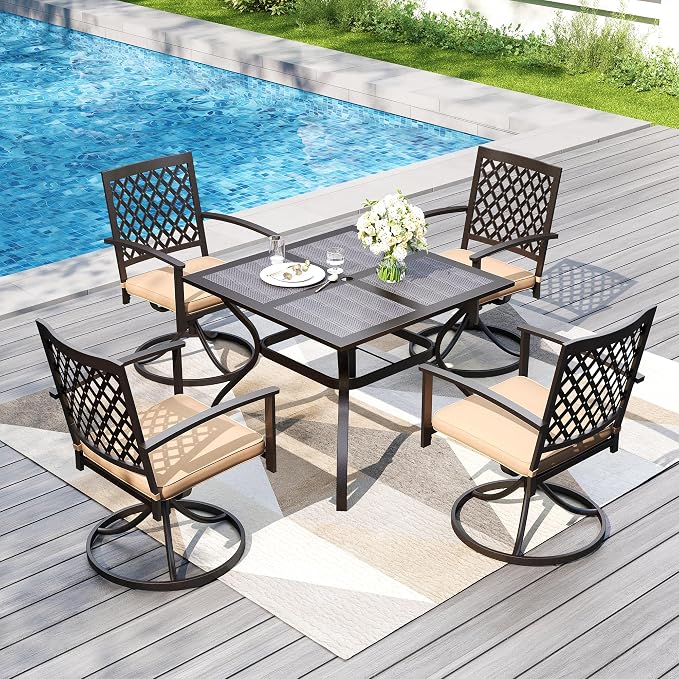 PHI VILLA Patio Dining Set for 4, Swivel Chairs& 37" Square Steel Table | 37” Square Metal Table &Swivel Wrought Iron Chairs with Cushions,Outside Furniture Set for Patio,Deck,Yard,Porch