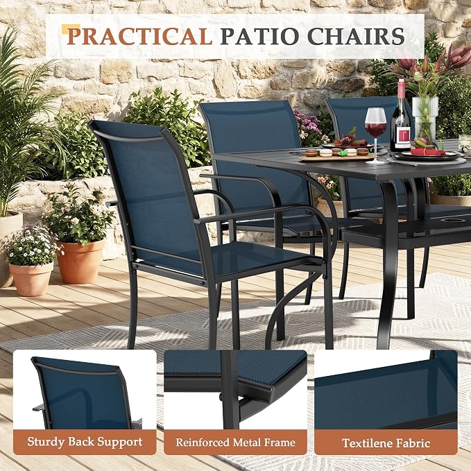 Crownland 7 Piece Patio Dining Set, Outdoor Textilene Dining Sets, 6 Textilene Metal Chairs and Rectangular Outdoor Dining Table with 1.57" Umbrella Hole (Blue)