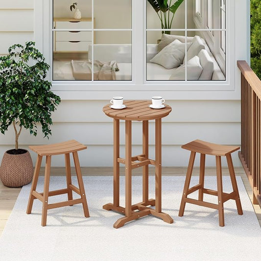 Costaelm Outdoor Bar Table, 37" Counter Height Round Patio Cocktail Bar Table, Patio Bar Table 3-Pieces Set Bistro Dining Table Pub Table for Deck, Backyard, Garden, Teak