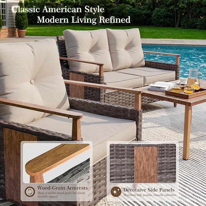 Nestnook 4 Pieces Patio Furniture Set, Outdoor Conversation Set with All-Weather Handwoven PE Wicker Sofa, Rattan Chairs and Thick Cushion, Loveseat & Coffee Table for Backyard, Deck & Poolside, Beige