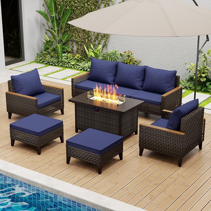 8 Piece Patio Sectional Sofa Set with 50000 BTU Fire Pit Table, All-Weather Wicker Rattan Outdoor Conversation Set, High Back, for Garden, Porch, Poolside, Blue