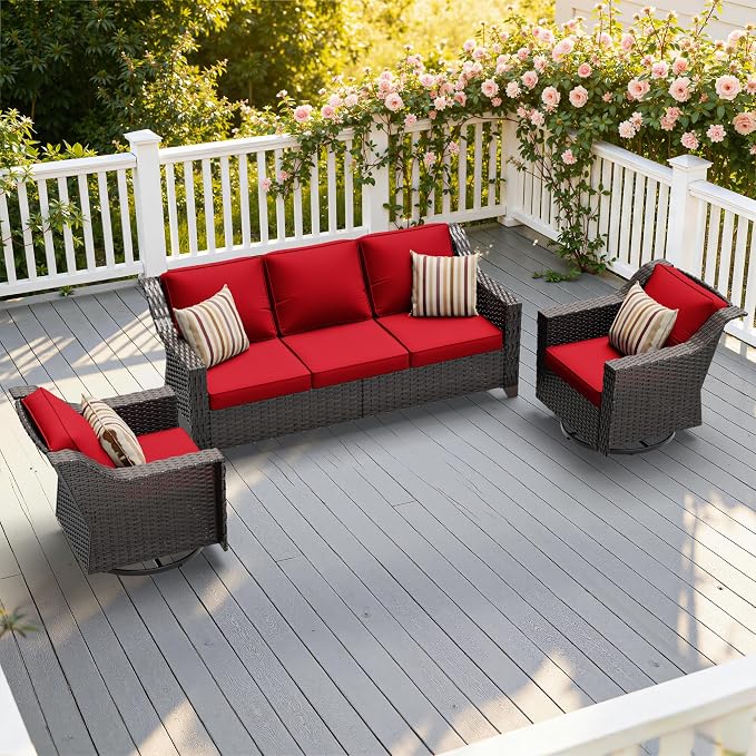3 Pieces Patio Conversation Furniture Set - 1 Sofa, 2 Swivel Chairs, Outdoor Wicker Furniture with Removable Cushions for Porch, Balcony, Sunroom (Red)