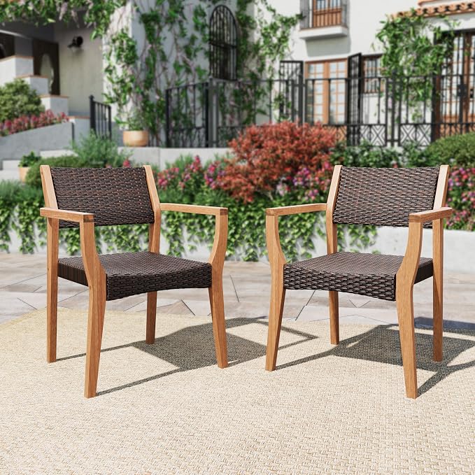 PHI VILLA Patio Acacia Wood Dining Chairs w/Wicker Back & Seat, 2PCS | Teak farmhouse armchairs for outdoor deck, porch, backyard