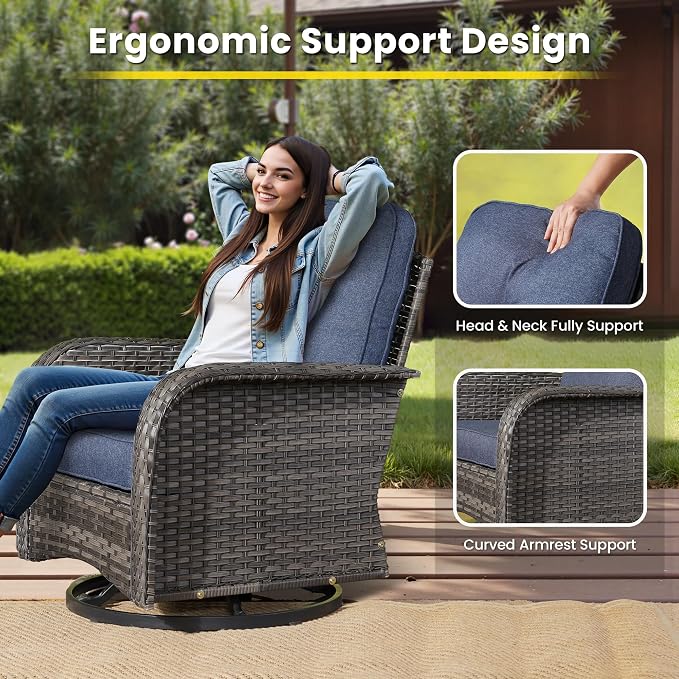 3 Pieces Patio Furniture Set, Outdoor Swivel Rocker Patio Chairs with Coffee Table, All Weather Thickened Cushion Patio Conversation Set for Porch Balcony Deck Poolside Garden Sunroom, Denim Blue
