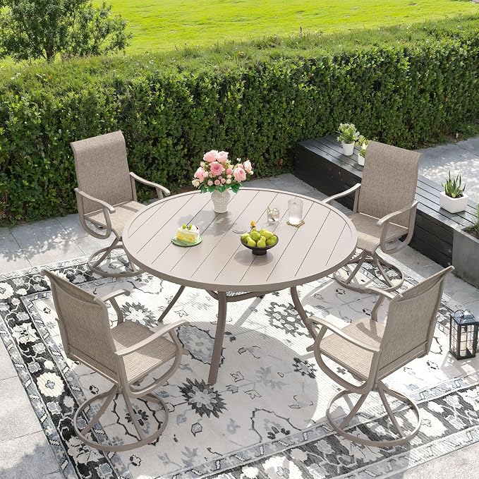 DIFY Outdoor Dining Set for 4, 5 Piece Patio Table and Chairs Set, Swivel Patio Dining Chairs with Textilene Fabric & 47.2" Round Metal Dining Table with Umbrella Hole, for Garden Backyard, Sandshell