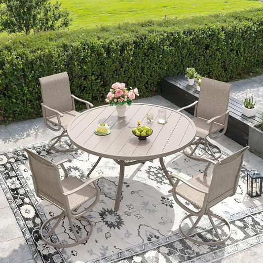 DIFY Outdoor Dining Set for 4, 5 Piece Patio Table and Chairs Set, Swivel Patio Dining Chairs with Textilene Fabric & 47.2" Round Metal Dining Table with Umbrella Hole, for Garden Backyard, Sandshell