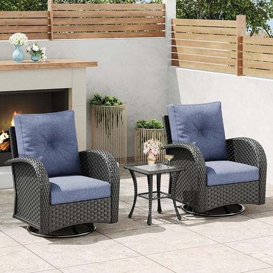 3 Pieces Outdoor Wicker Patio Swivel Rocking Chairs, All Weather Wicker Conversation Set with Side Table