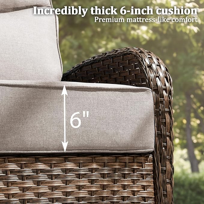 Outdoor Swivel Rocking Chair Patio Set (6-Piece), High-Back - Thick Cushion Swivel Rocking Chair Patio Set, All-Weather Wicker Patio Furniture Set, Suitable for Balcony Patios, Brown/Beige