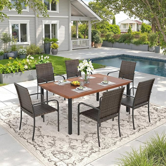 DIFY 7 Piece Outdoor Dining Set for 6, 63" Walnut Rectangle Metal Dining Table with Umbrella Hole and Stackable Wicker Patio Chairs, All-Weather Patio Table and Chairs Set for Deck Garden Backyard