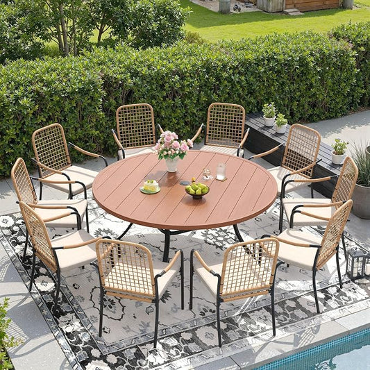 DIFY 11 Pieces Outdoor Dining Set for 10, 60" Round Dining Table with Umbrella Hole & Wicker Stackable Patio Chairs with Cushions, Metal Patio Table and Chairs Set for Backyard Porch Garden, Walnut