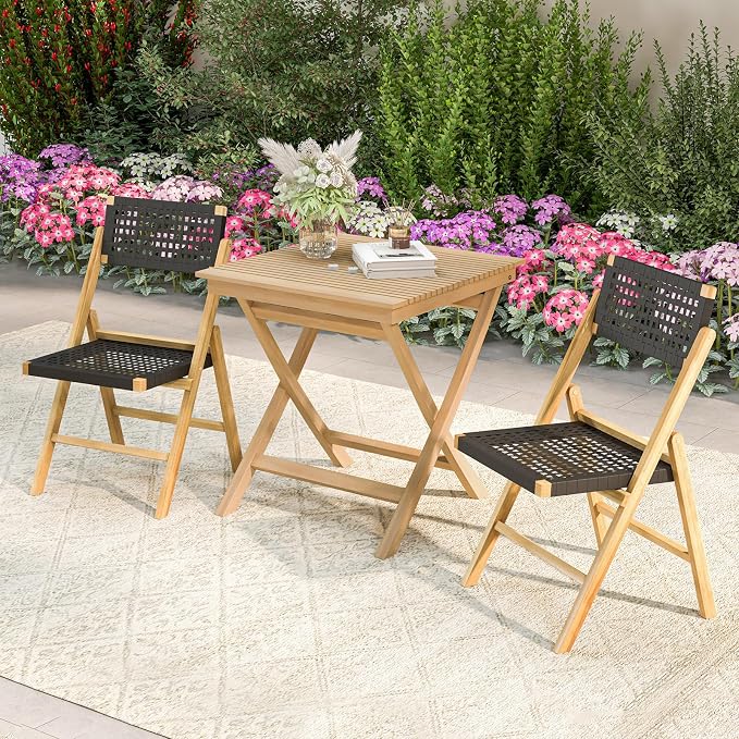 Tangkula 27.5 Inch Teak Wood Patio Dining Table, Square Outdoor Bistro Table with Slatted Tabletop, Sturdy Wood Frame & Thickened Top, Teak Outside Dining Table for Balcony, Deck, Porch, Backyard