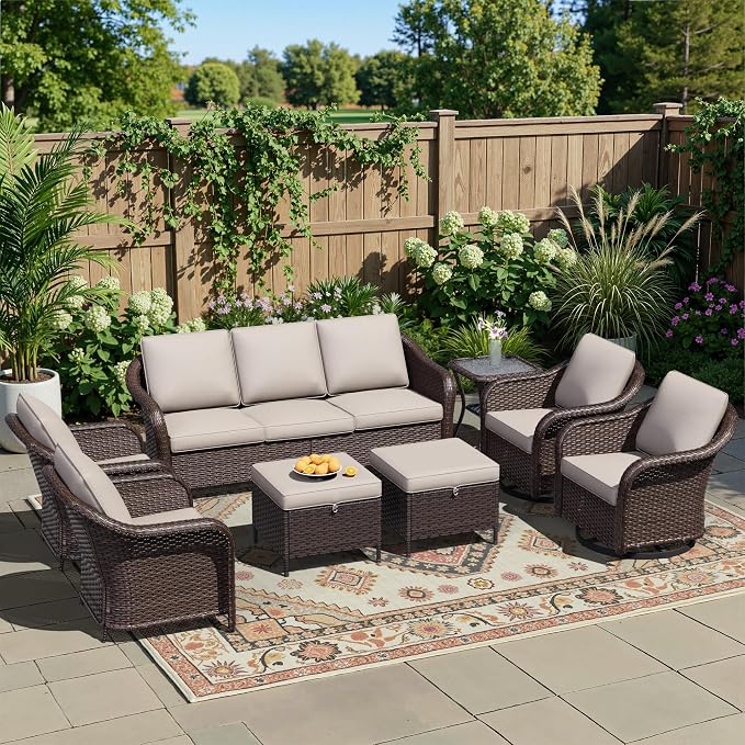 8 Piece Patio Wicker Conversation Set, All-Weather Use Outdoor Wicker Sofa with 2 PE Rattan Ottomans,2 Chair, 2 Swivel Chair, 1 Side Table, Ideal for Porch, Backyard, Balcony, Poolside, Beige