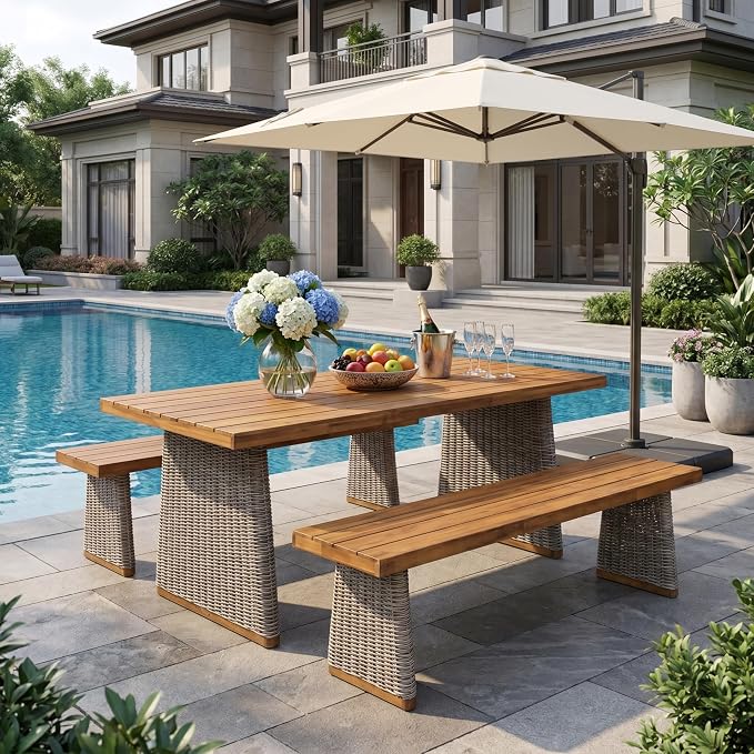 Christopher Knight Home Xavi Patio Acacia Wood Dining Set, Outdoor Side Table and Chairs Set with Slatted Panel Design and Handwoven Rattan Legs, Outdoor Furniture Set for Garden, 3 pcs, Brown + Teak