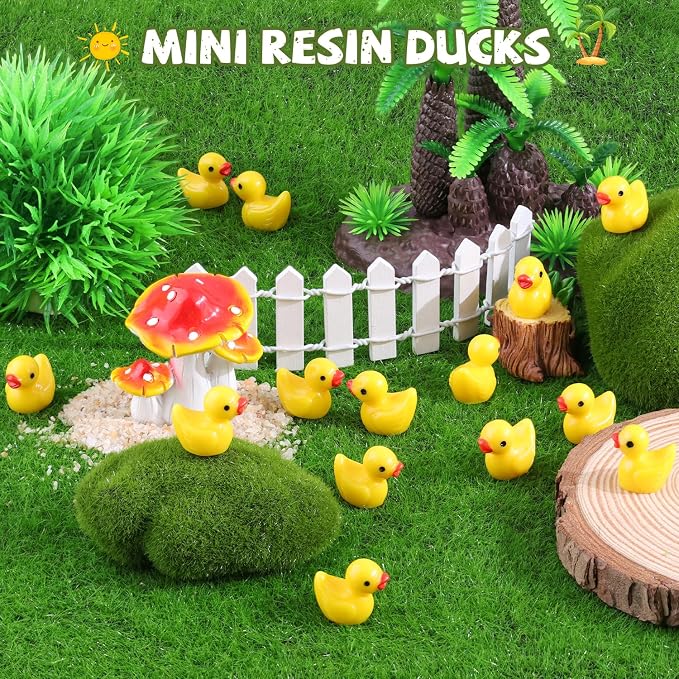200PCS Mini Resin Animals Cute Yellow Tiny Ducks,Miniature Duck Figures to Hide,Little Animal Small Figurines Bulk for Topper Desk Garden Dollhouse Landscape Aquarium Ornaments DIY Crafts & Decor