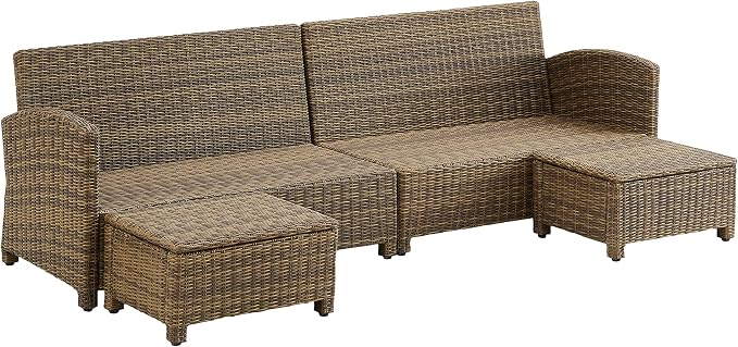 Crosley Furniture Bradenton 4-Piece Outdoor Sectional Sofa Wicker Conversation Patio Furniture Set for Deck, Brown with Sand Cushions