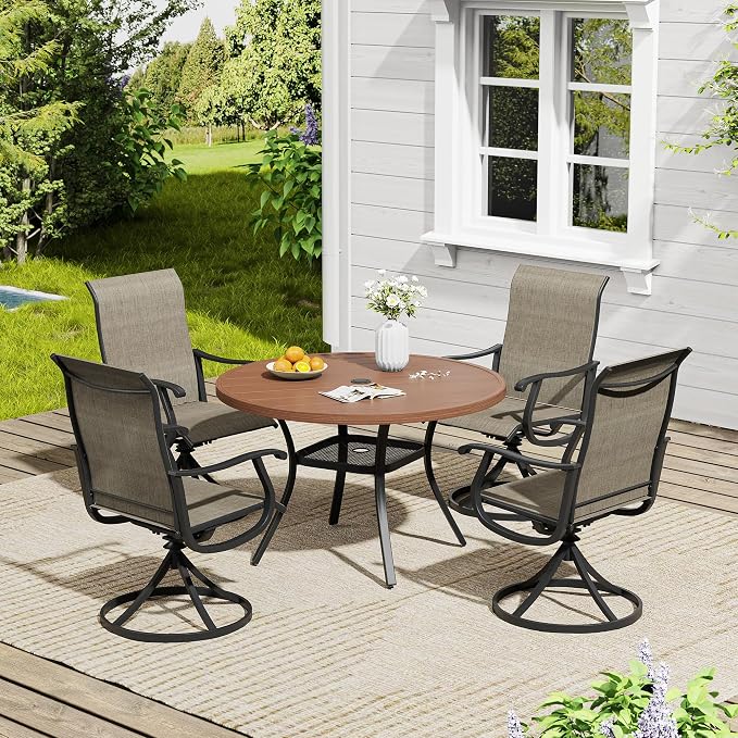 VICLLAX 5 Pieces Patio Dining Set, Patio Furniture Set of 4 Patio Swivel Dining Chairs and 41" Patio Round Table with Storage Shelf for Deck Garden, Mixed Brown Chairs & Walnut Tabletop