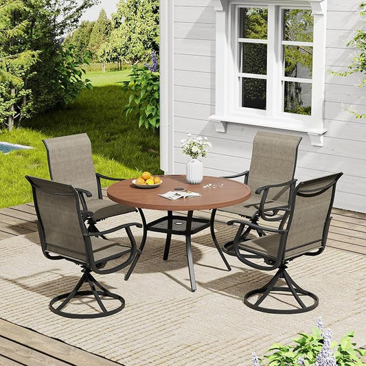 VICLLAX 5 Pieces Patio Dining Set, Patio Furniture Set of 4 Patio Swivel Dining Chairs and 41" Patio Round Table with Storage Shelf for Deck Garden, Mixed Brown Chairs & Walnut Tabletop