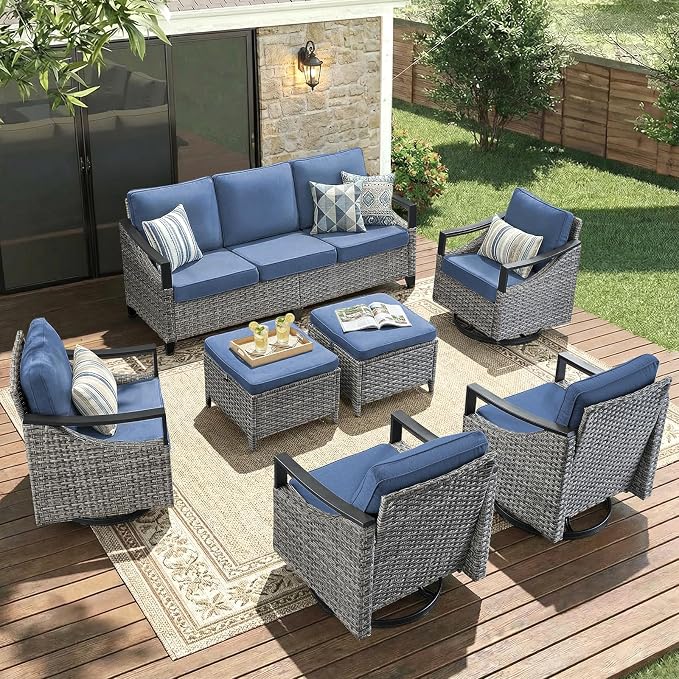 7 Piece Outdoor Patio Furniture Sets-High Back Wicker Swivel Rocker Patio Chairs Set of 4 with Thick Cushions Ottomans, Outdoor Sofa, Patio Conversation Sets for Porch Balcony Patio Deck Grey/Blue