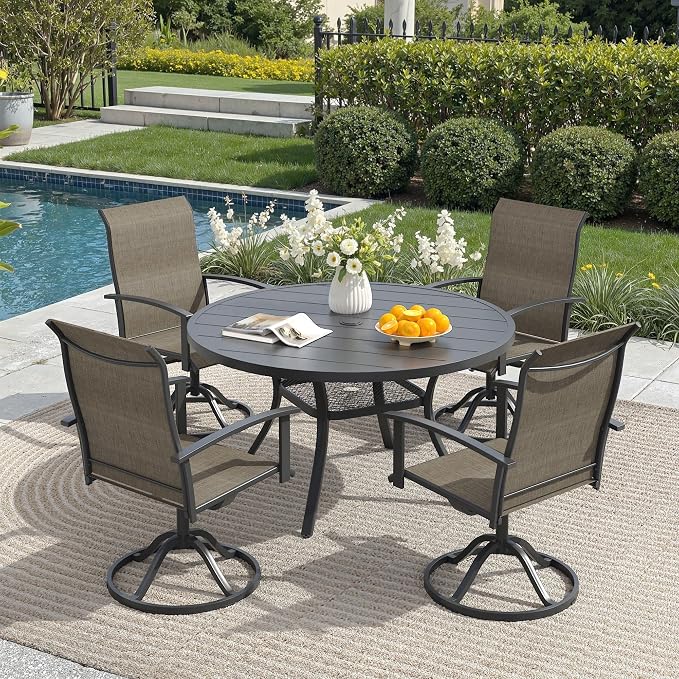5 Pieces Outdoor Patio Dining Set, 40.6" All Weather Round Metal Table with Umbrella Hole and Storage Shelf, 4 High Back Textilene Swivel Chairs for Garden, Lawn, Black Table & Brown Chairs