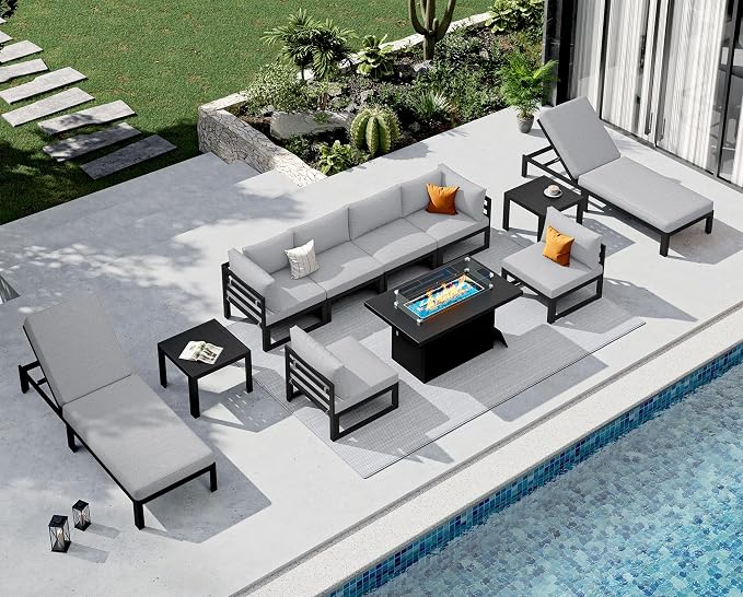 NICESOUL 8 People Large Modern Aluminum Outdoor Sofa with Chaise & Firepit Table, 29" Deep Wide Seat, 500 lbs Durable Sectional Set for Heavy People, Anti-Rust Patio Furniture Set for Deck, Light Grey