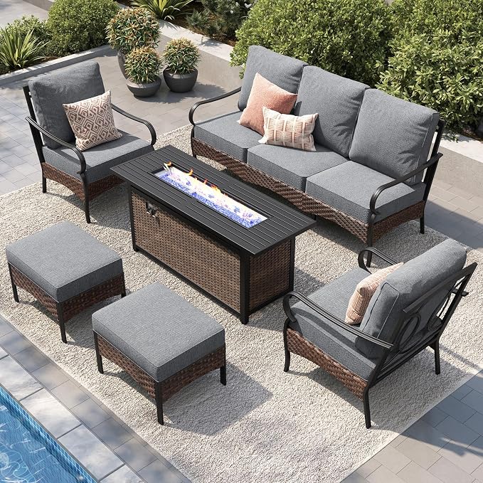 PHI VILLA Patio Furniture Set with 56" Fire Pit Table, Metal Frame Outdoor Conversation Sets, Wicker Patio Sectional Sofa Set with Ottomans for Porch, Deck, Poolside(6 Pieces, Grey)