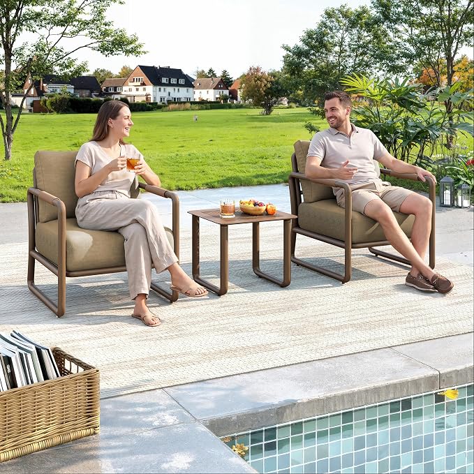 3-Piece Modern Aluminum Patio Sofa Set with Coffee Table, Deep Seating Conversation Set Featuring 6.5" Cushions, All-Weather for Garden, Balcony, Poolside (Brown)