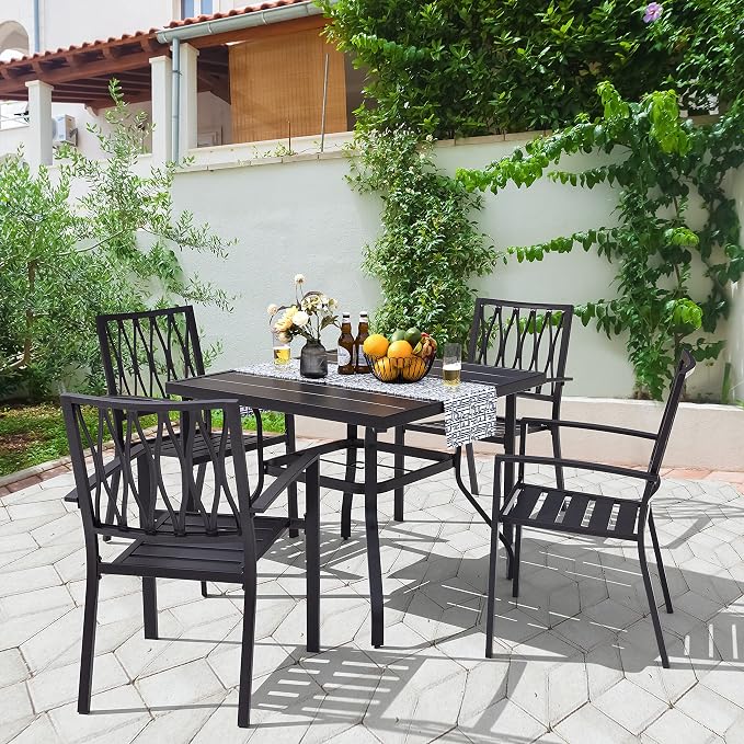NUU GARDEN 5 Piece Patio Dining Set, 4 Metal Patio Dining Chairs Stackable and 37" Square Dining Table with 1.57" Umbrella Hole for Backyard, Deck, Patio, Garden, Black