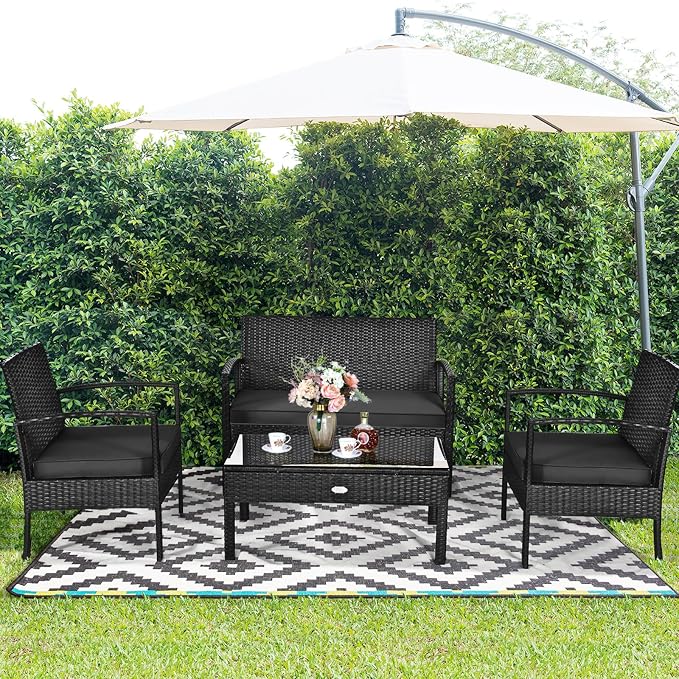 HAPPYGRILL 4-Piece Patio Conversation Set Outdoor Rattan Wicker Sofa & Coffee Table Furniture Set for Patio Garden Poolside