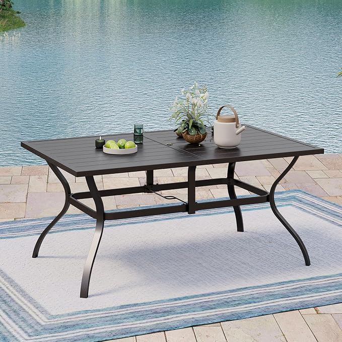 MIXPATIO Outdoor Patio Dining Table for 6, 60" x 37" Rectangular Metal Patio Dining Table with Umbrella Hole for Garden, All Weather Wrought Iron Black Outdoor Table Backyard and Porch, Black