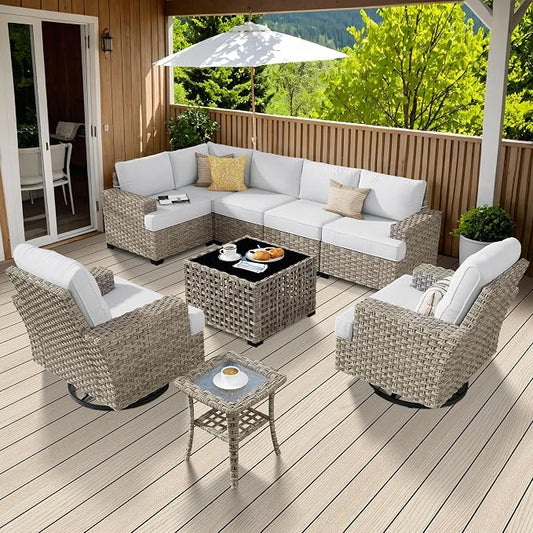 Weaxty 9 Pieces Patio Furniture Set, Outdoor Sectional Furniture Sofa Set w/Swivel Rocking Chairs Coffee Table, PE Wicker Modular Couch Conversation Set for Backyard Garden,Gray