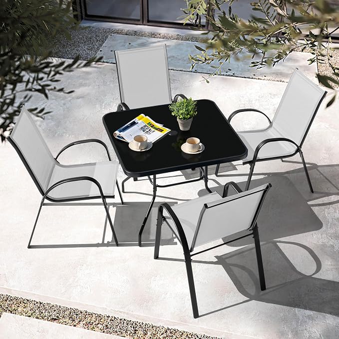 NUU GARDEN 5-Piece Outdoor Patio Dining Set, All-Weather Metal Dining Table with 1.57" Umbrella Hole and 4 Ergonomic Stackable Chairs, Textilene Furniture for Garden, Backyard, Black Gray