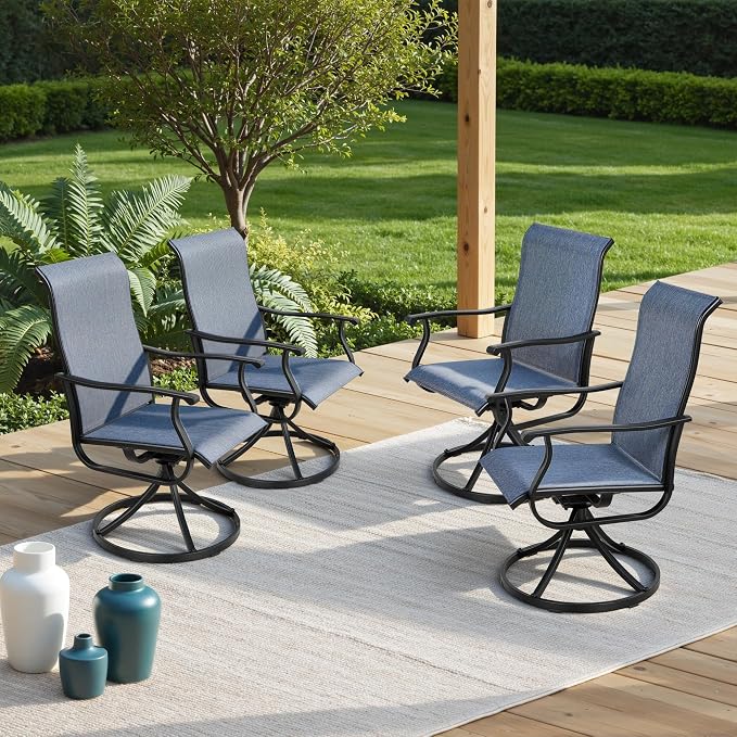 Crownland Outdoor Swivel Dining Chair Set of 6, All Weather 360° Swivel Rocking High Back Model Patio Dining Chairs, Textilene Fabric Wrought Iron Dining Chair Set for Backyard, Lawn, Garden(Blue)