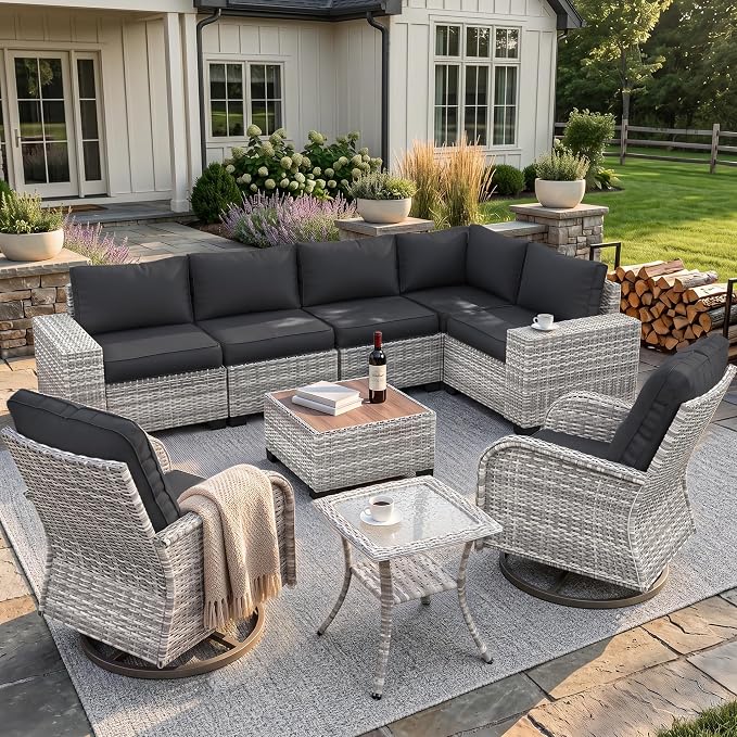 9-Piece Outdoor Patio Furniture Set with Rocking Swivel Chair Wicker Sectional Sofa Set, Patio Conversation Set with Thickened Cushions & Coffee Table for Garden, Backyard, Dark Grey