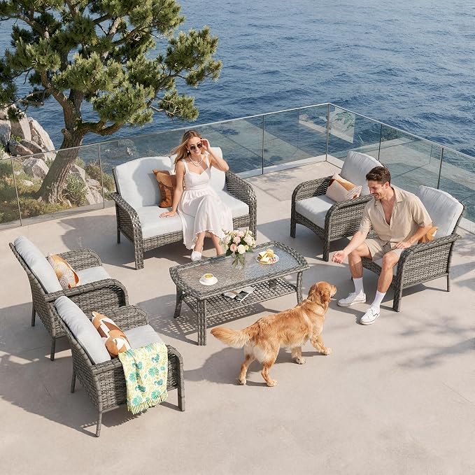 6-Piece Patio Furniture Set, Outdoor Wicker Furniture with Coffee Table, All Weather High Back Loveseat Patio Chairs, Modern Rattan Outdoor Chairs Conversation Set for Porch, Balcony, Garden,Grey