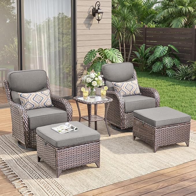 Luxury 5 Pieces Patio Furniture Set-Outdoor Swivel Rocker Patio Chairs with 6" Thick Cushions, Swivel Rocker Chairs with Ottomans & Side Table, Outdoor Conversation Sets for Porch Deck(Brown/Grey)