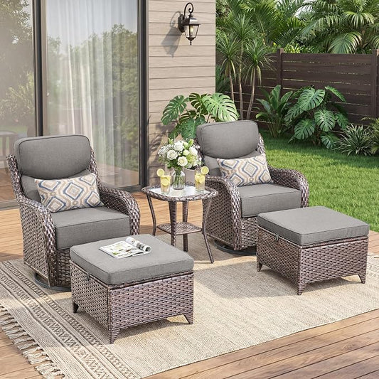 Luxury 5 Pieces Patio Furniture Set-Outdoor Swivel Rocker Patio Chairs with 6" Thick Cushions, Swivel Rocker Chairs with Ottomans & Side Table, Outdoor Conversation Sets for Porch Deck(Brown/Grey)