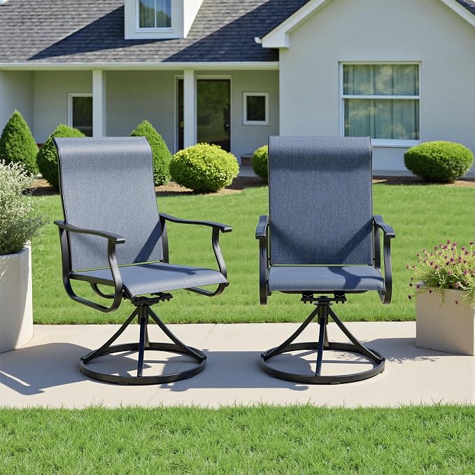 Crownland Outdoor Swivel Dining Chair Set of 6, All Weather 360° Swivel Rocking High Back Model Patio Dining Chairs, Textilene Fabric Wrought Iron Dining Chair Set for Backyard, Lawn, Garden(Blue)