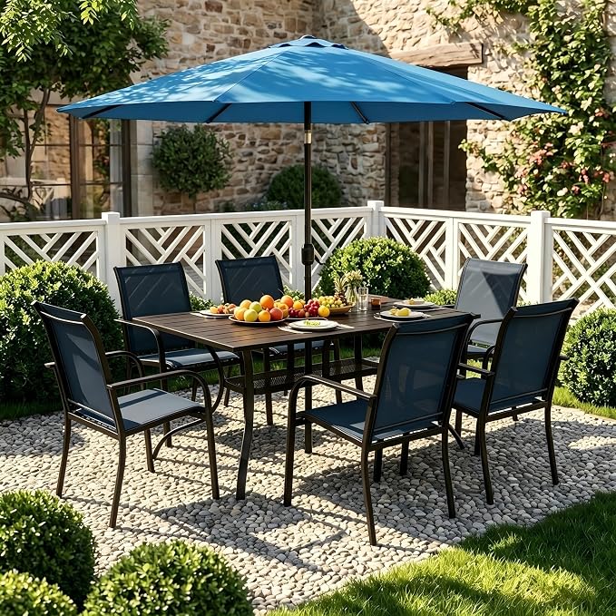 Crownland 7 Piece Patio Dining Set, Outdoor Textilene Dining Sets, 6 Textilene Metal Chairs and Rectangular Outdoor Dining Table with Sky Blue 9FT Round Outdoor Umbrella (Blue)